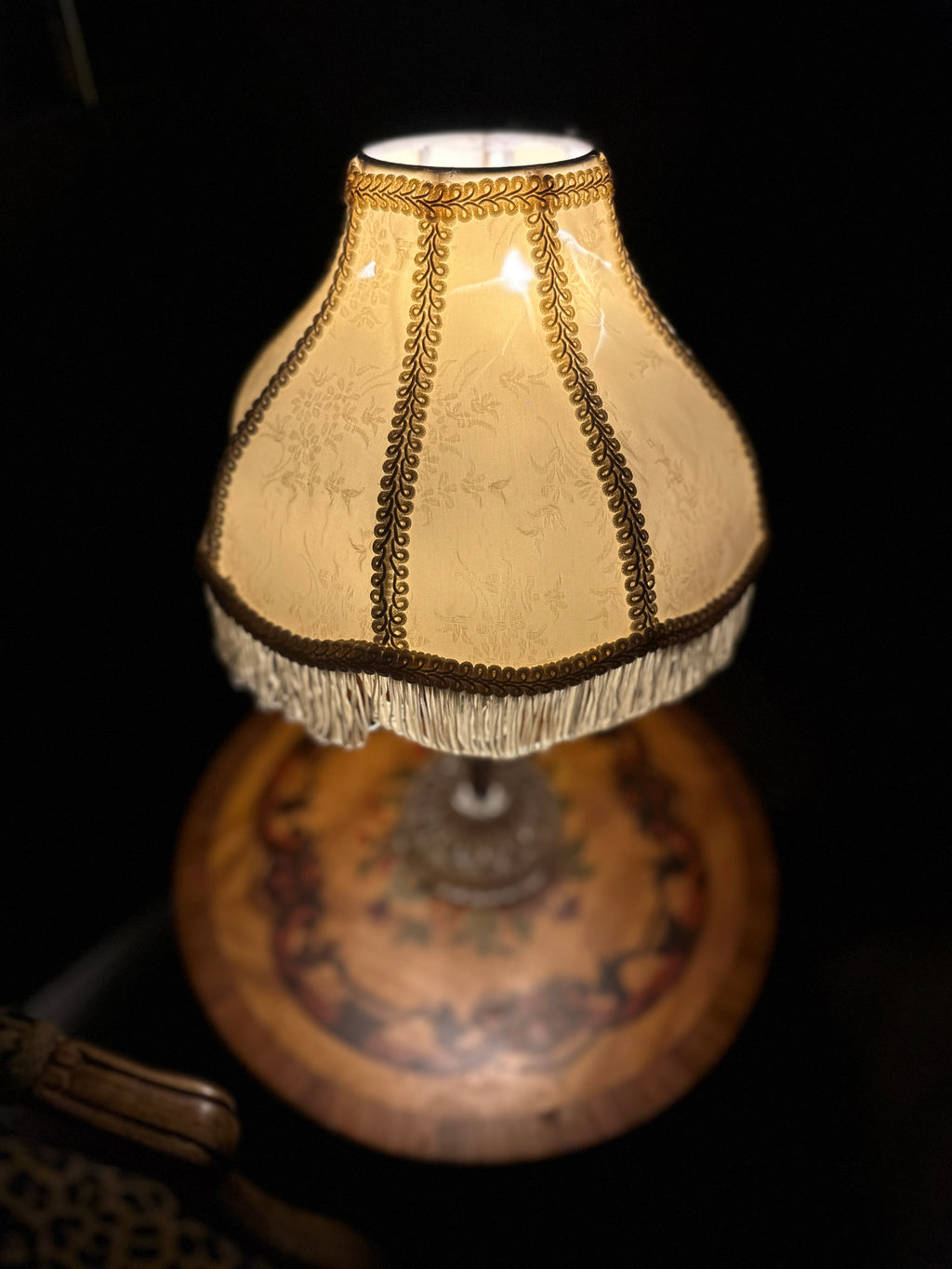 Antique Pressed Glass Table Lamp with Fringe Shade, c. 1910–1930
