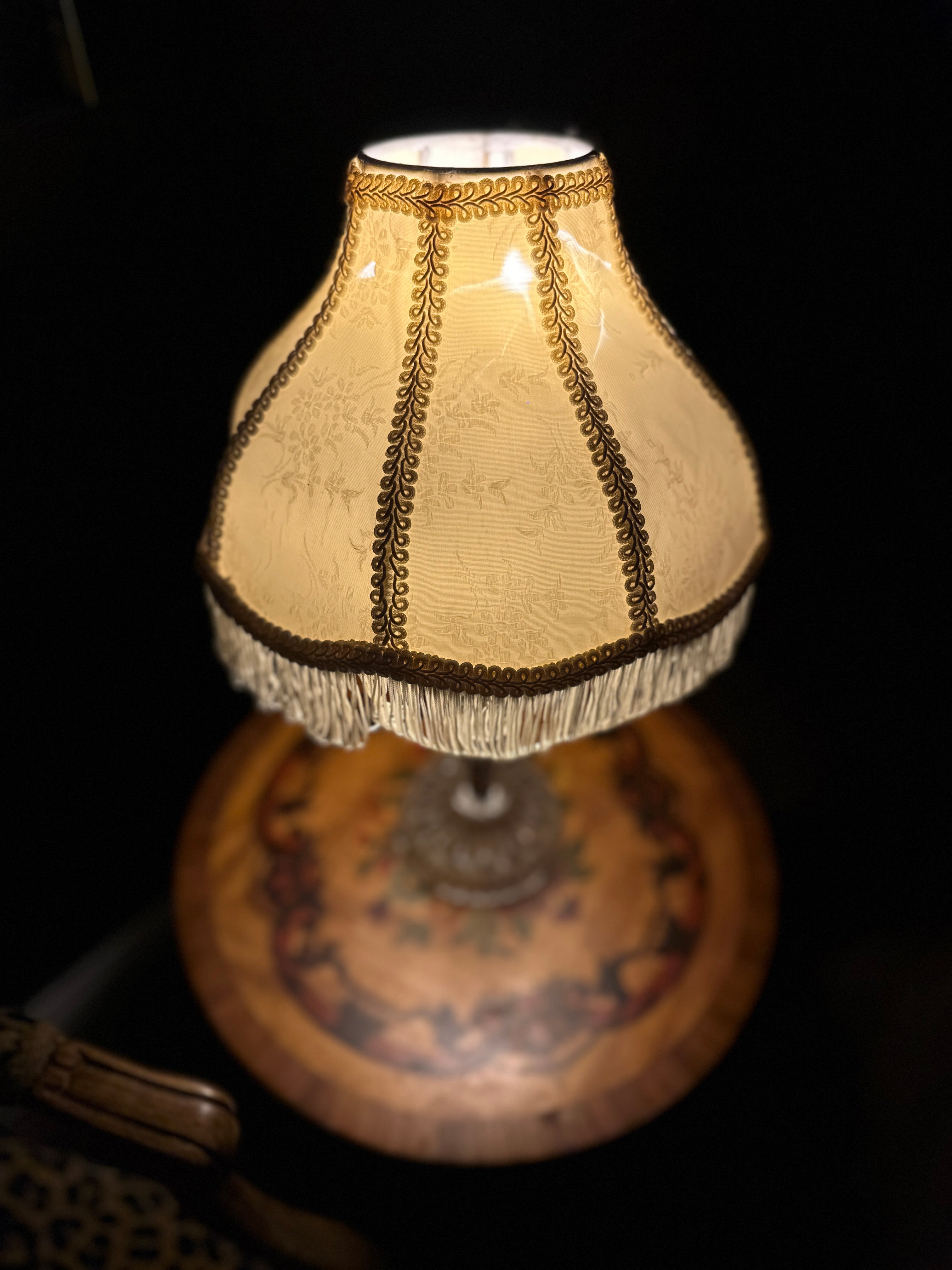 Antique Pressed Glass Table Lamp with Fringe Shade, c. 1910–1930