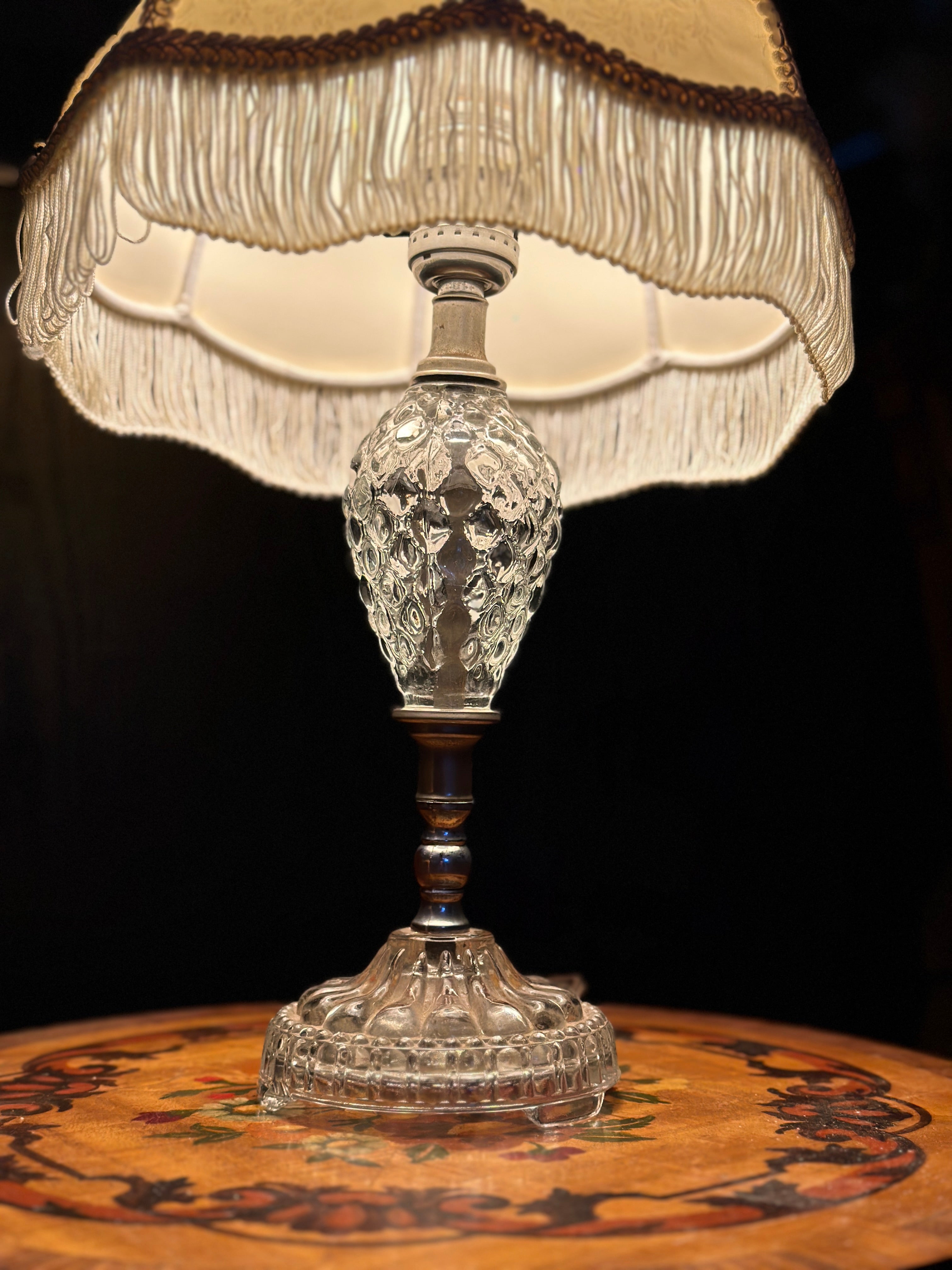 Antique Pressed Glass Table Lamp with Fringe Shade, c. 1910–1930