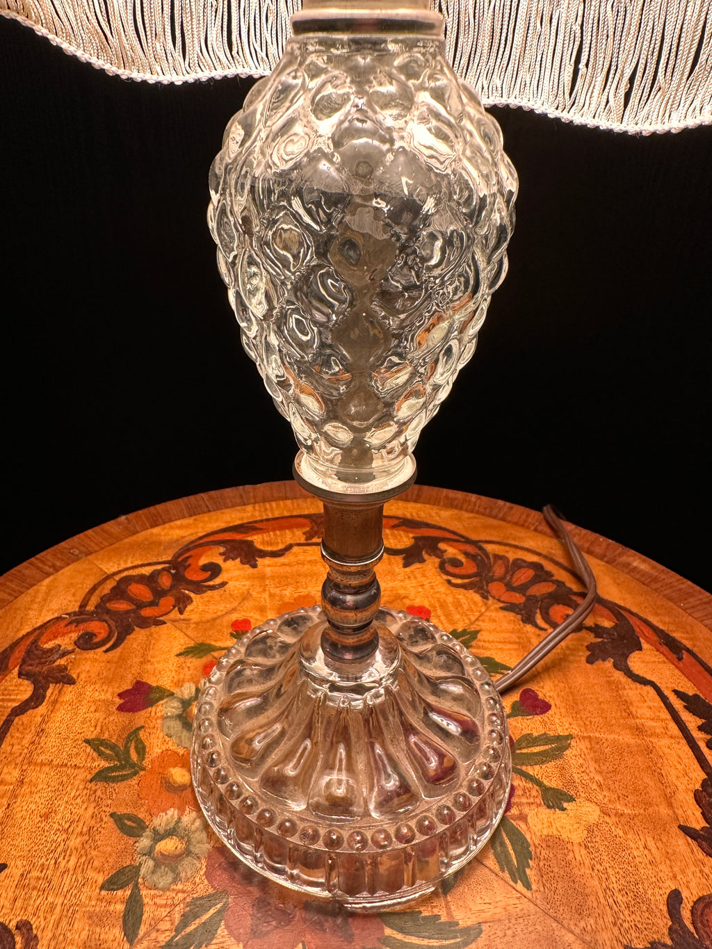 Antique Pressed Glass Table Lamp with Fringe Shade, c. 1910–1930