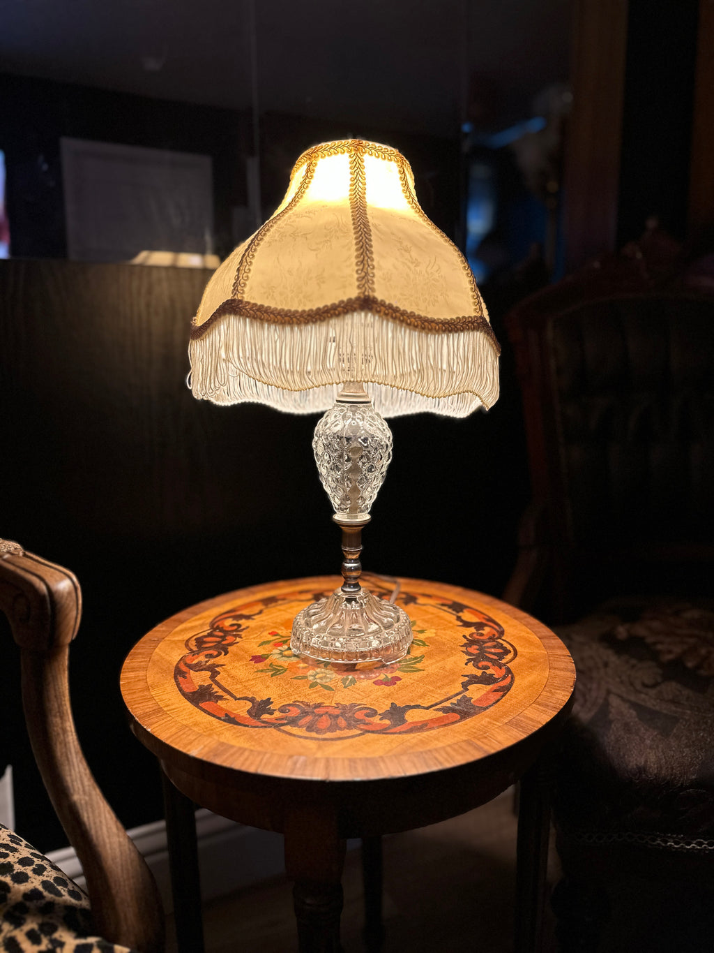 Antique Pressed Glass Table Lamp with Fringe Shade, c. 1910–1930