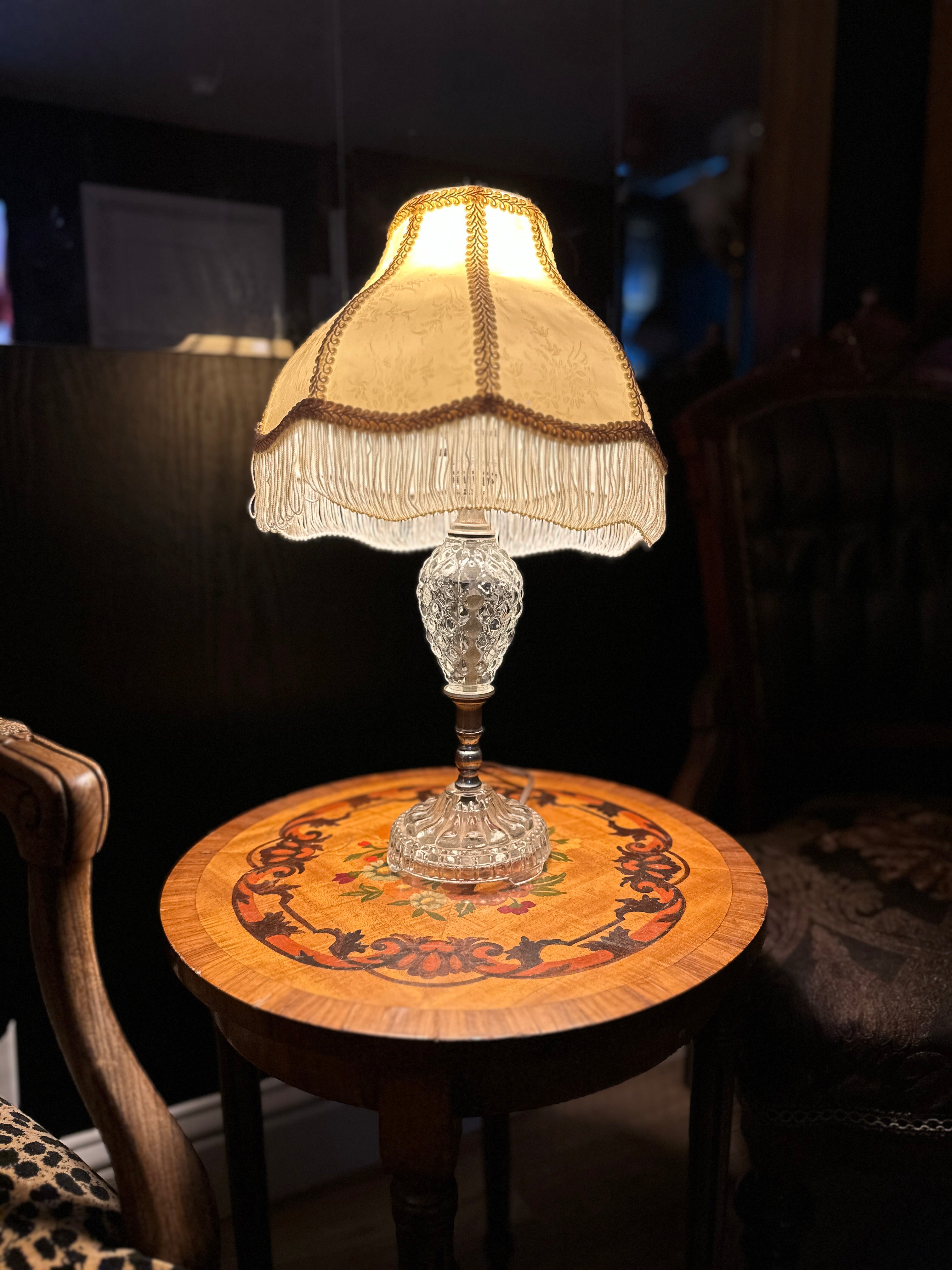 Antique Pressed Glass Table Lamp with Fringe Shade, c. 1910–1930