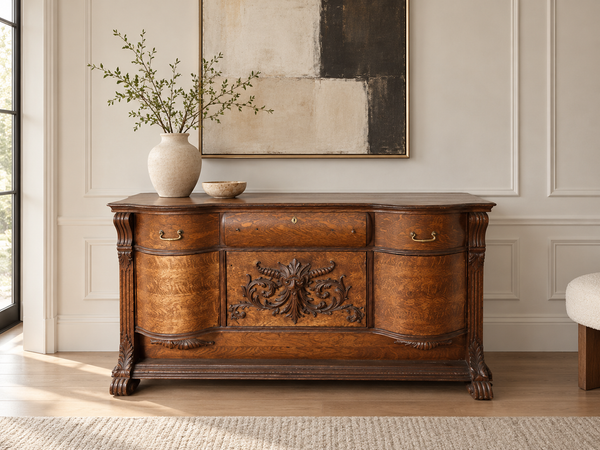 Carved Quartersawn Oak Serpentine Sideboard, North Wind, c. 1895–1910