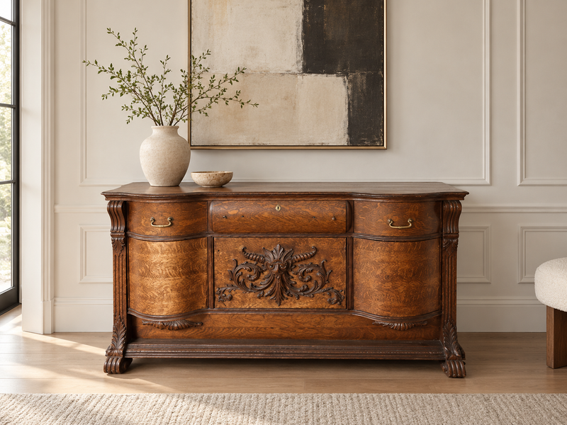Carved Quartersawn Oak Serpentine Sideboard, North Wind, c. 1895–1910