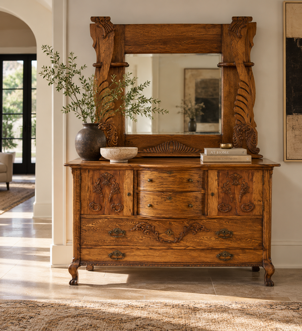 Carved Quartersawn Oak Mirror-Back Sideboard, Paw Feet, c. 1895–1910