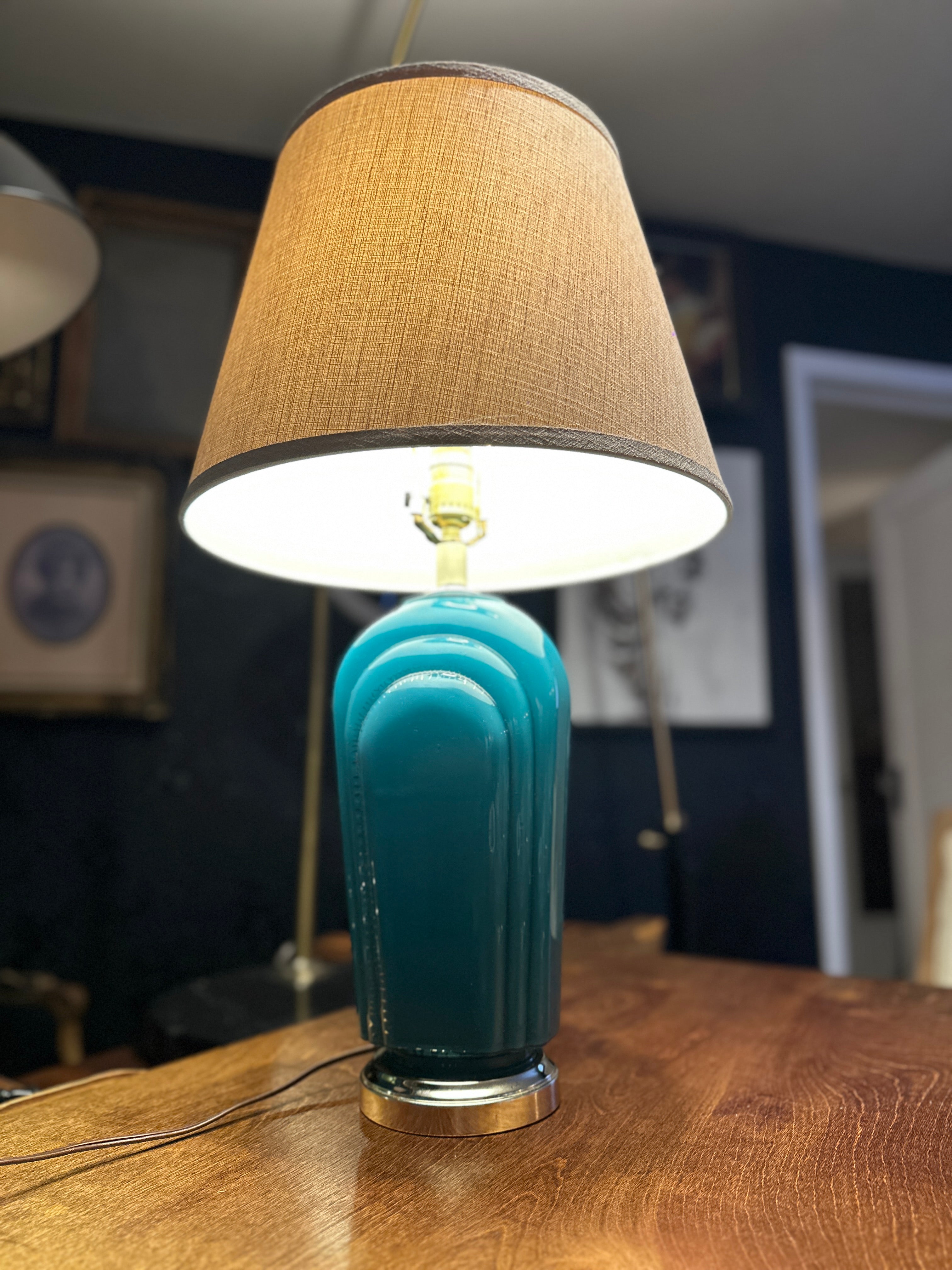 Art Deco Teal Glass Table Lamp with Stepped Body, c. 1930–1940
