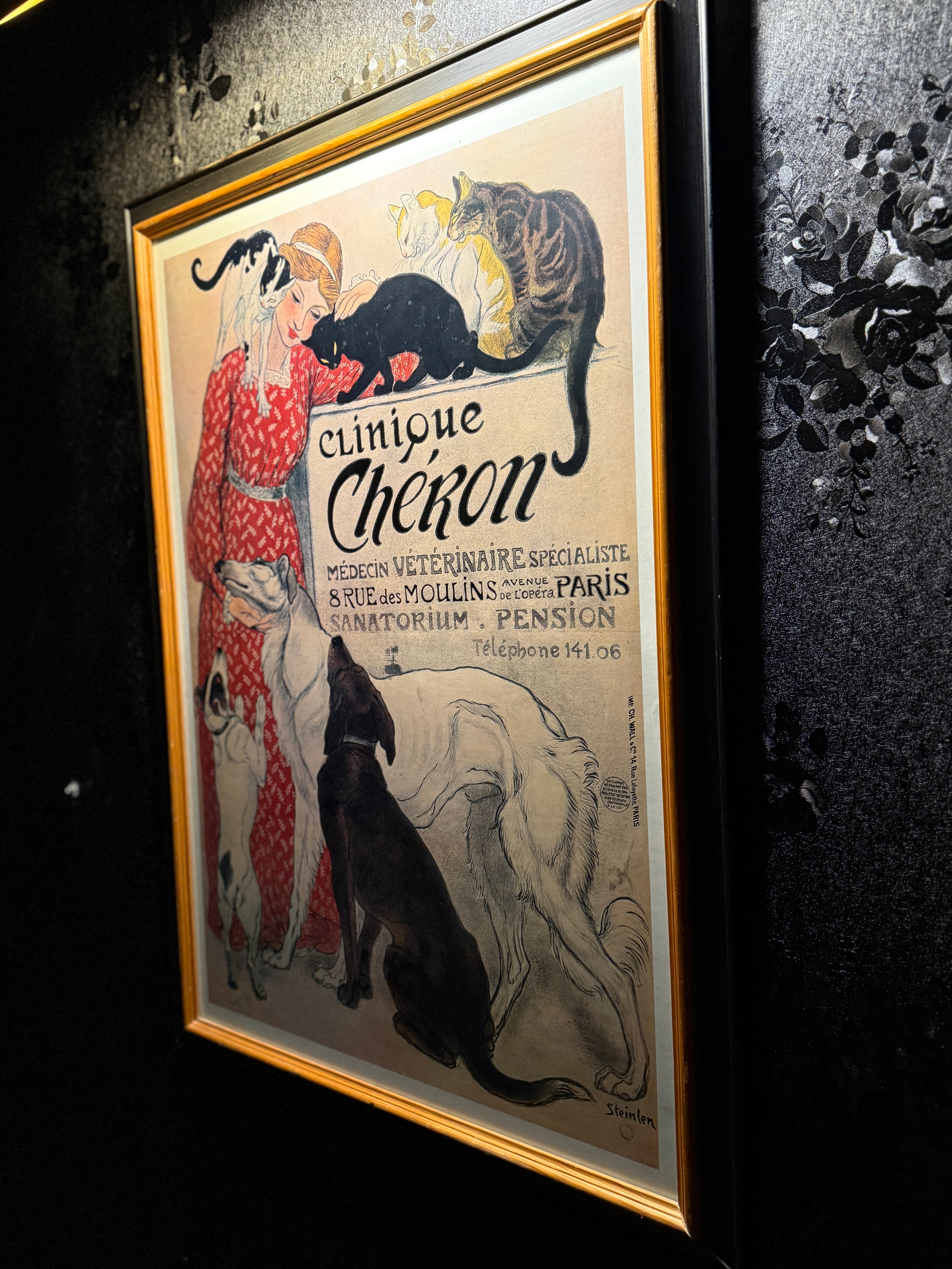 Original 1905 Steinlen Clinique Chéron Poster – Antique French Art Nouveau Lithograph of Cats & Dogs, Veterinary Ephemera
