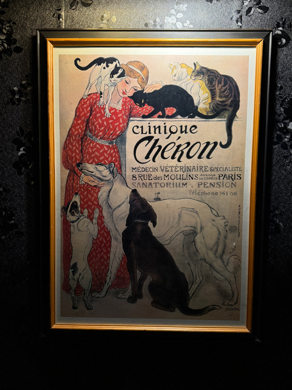 Original 1905 Steinlen Clinique Chéron Poster – Antique French Art Nouveau Lithograph of Cats & Dogs, Veterinary Ephemera