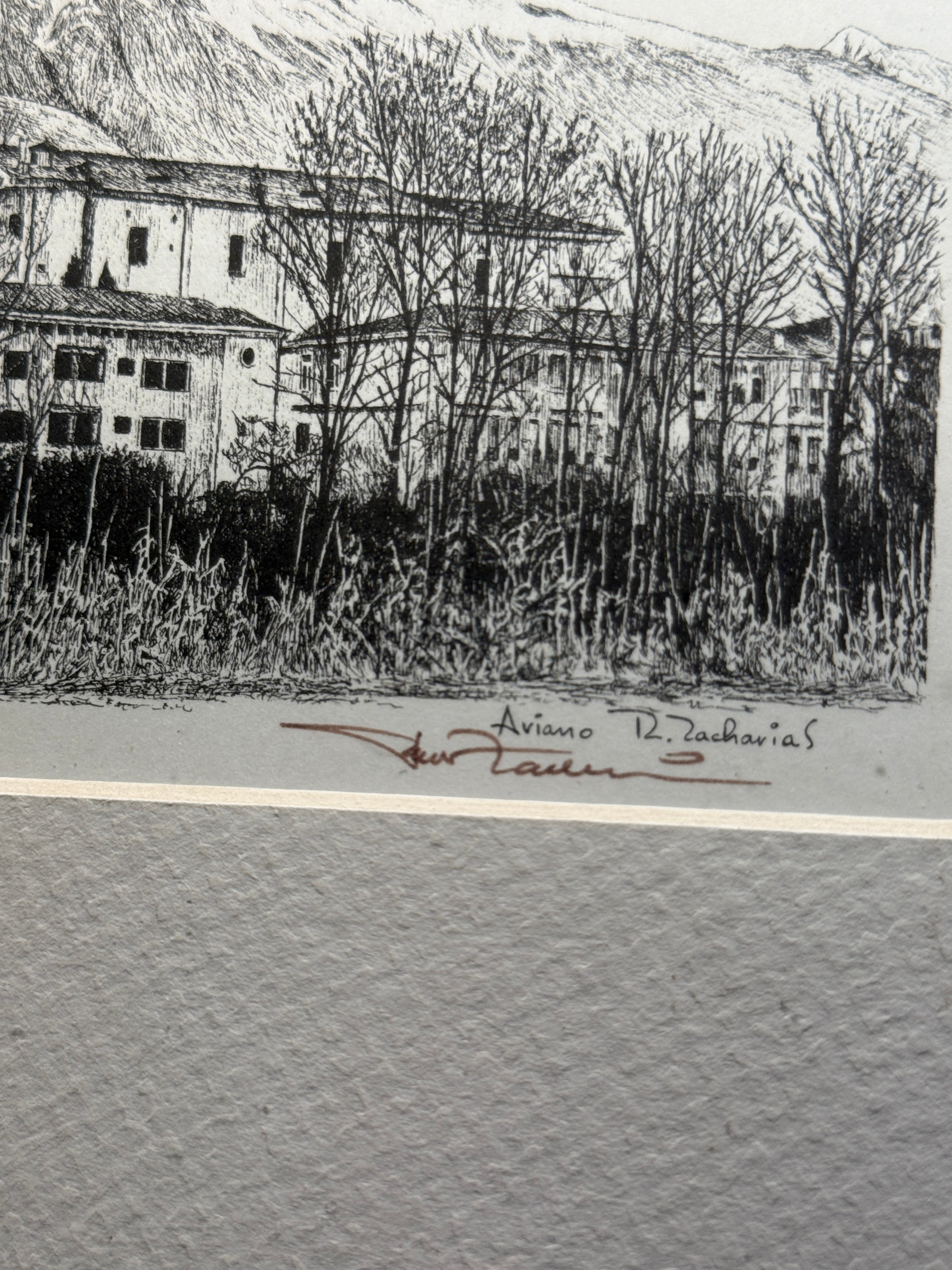 Aviano, Italy — Original Mid-Century Etching by R. Zacharias (c. 1940s–1950s)