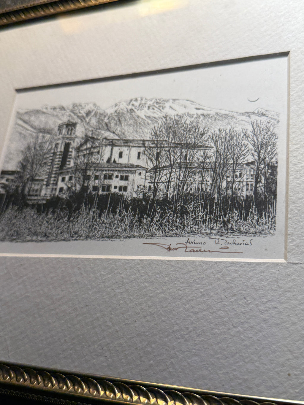 Aviano, Italy — Original Mid-Century Etching by R. Zacharias (c. 1940s–1950s)