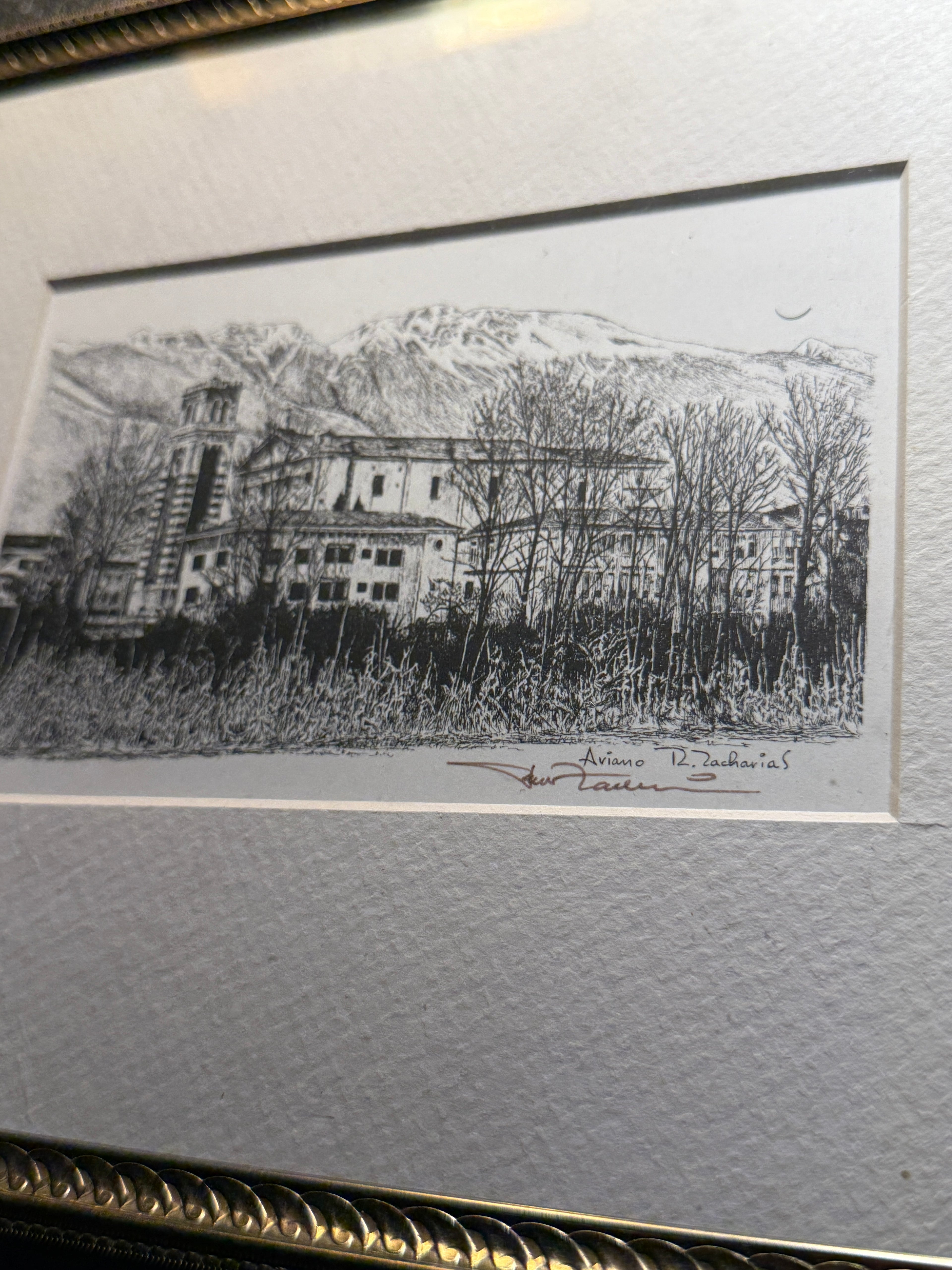 Aviano, Italy — Original Mid-Century Etching by R. Zacharias (c. 1940s–1950s)