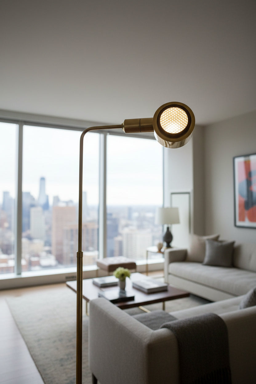 Close-up of a gold shower head with blurred background