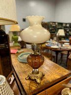 Antique Amber Cherub Glass Oil Lamp Font, Electrified, c. 1890–1915