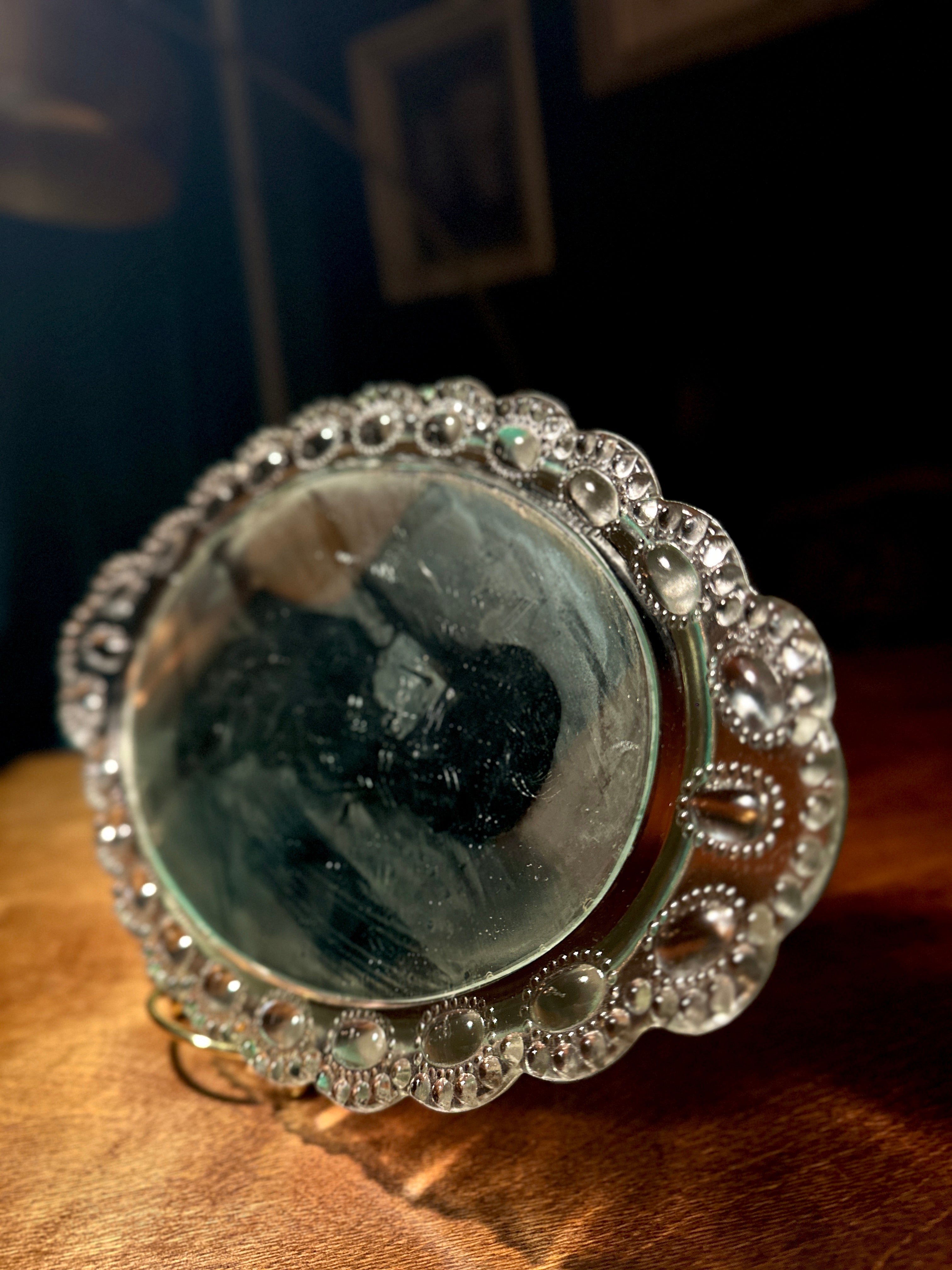 Vintage Oval Glass Vanity Mirror with Beaded Frame | Early 20th Century Tabletop Mirror