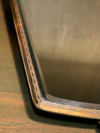 Art Deco Gilt-Metal Hand Mirror, Graduated Green and Cream Enamelled Back with Gold Pinstriping, Stepped Fan Palmette and Reeded Handle, Bevelled Plate, c. 1925–1940