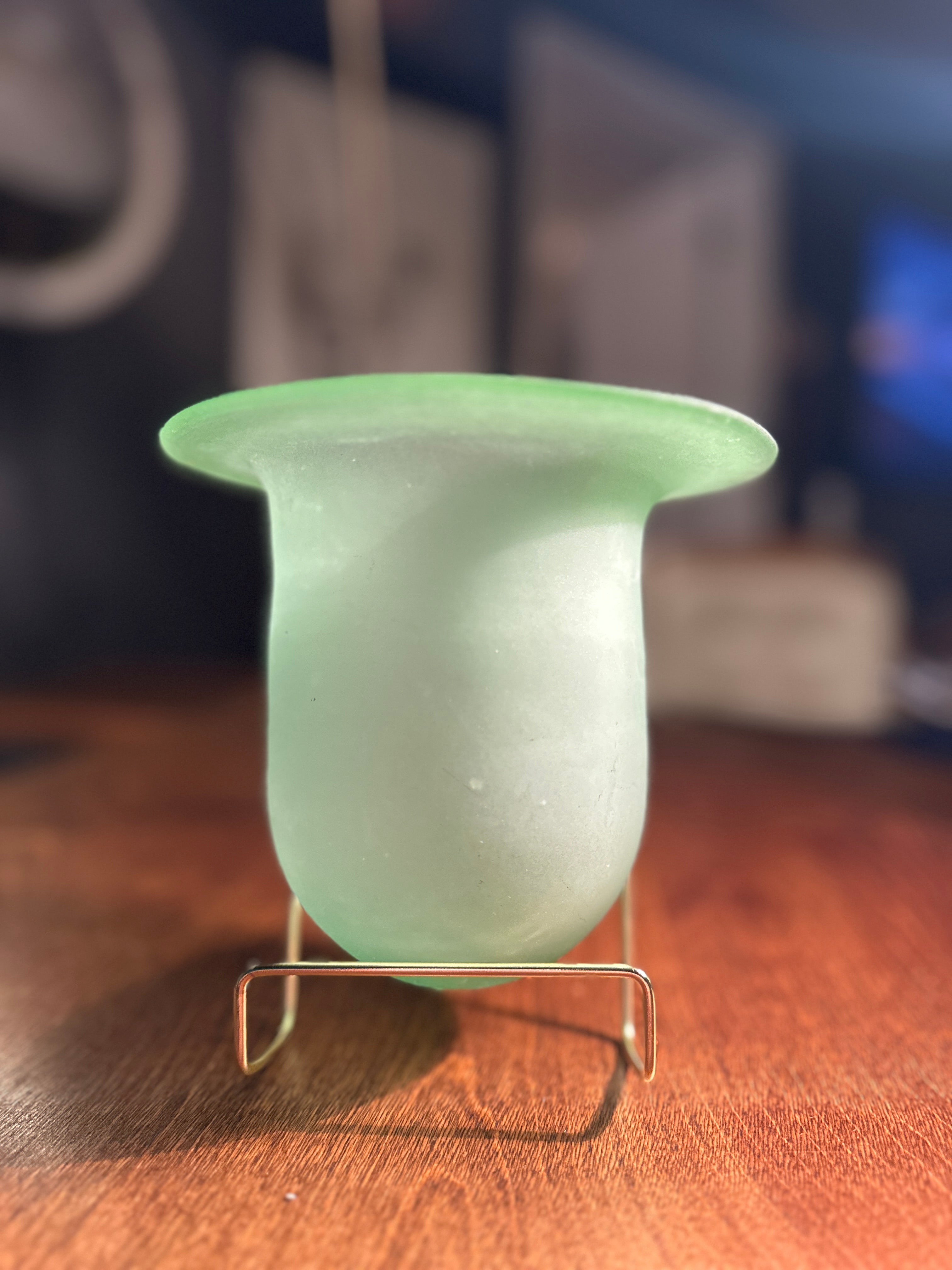 Vintage Frosted Green Art Glass Vase with Brass Stand | Mid-Century Modern Sculptural Vessel