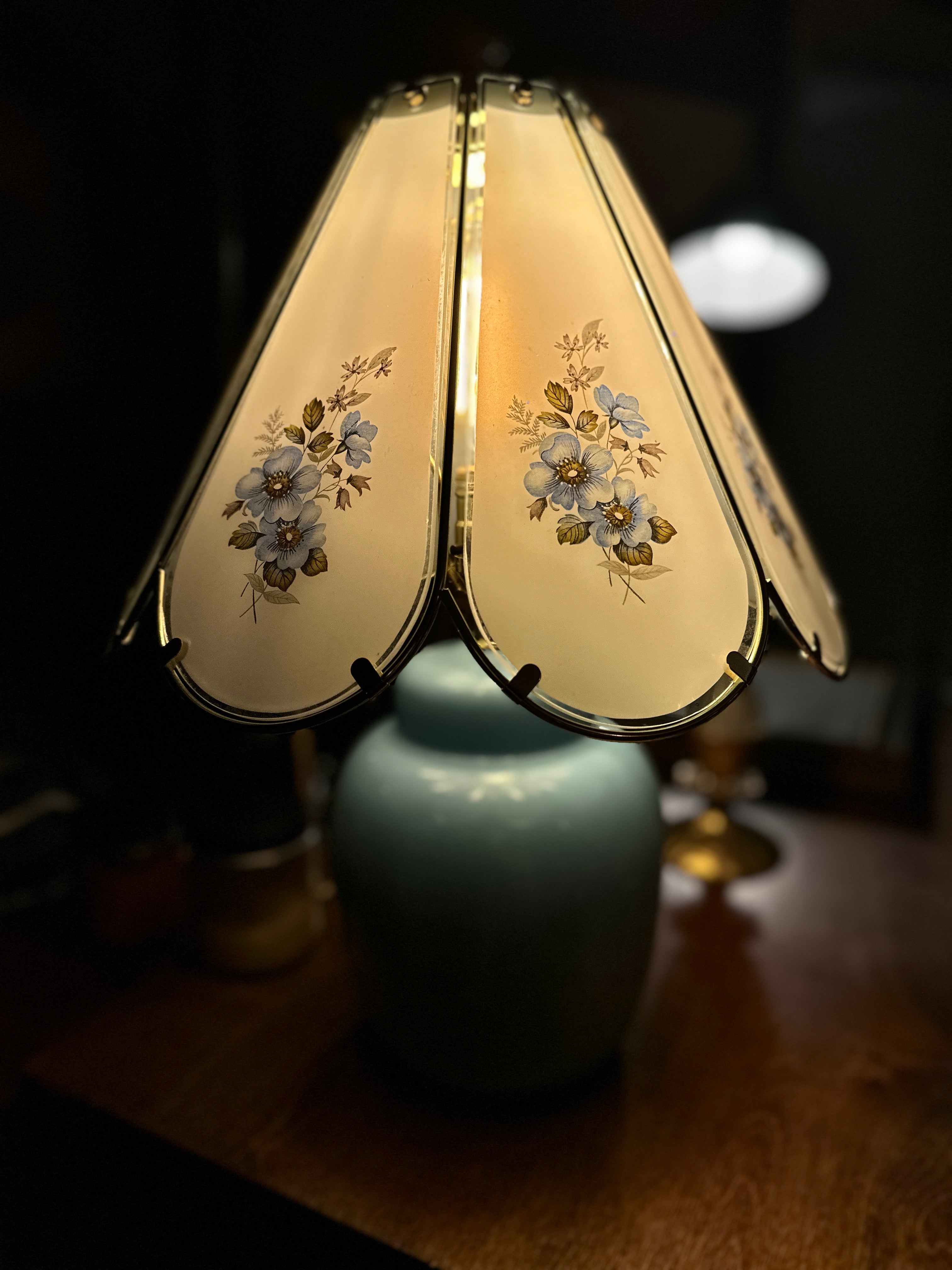 Mid-Century Ceramic Table Lamp with Paneled Floral Shade, c. 1950