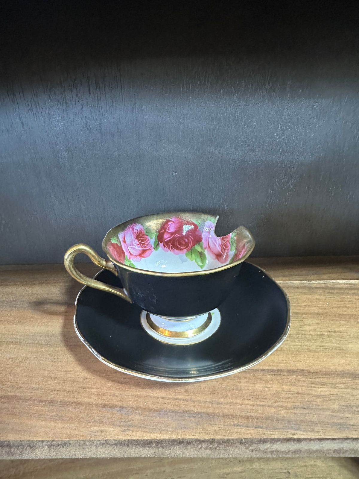 Royal Albert “Old English Rose” Black & Gold Teacup & Saucer, England, c. 1930s–1940s