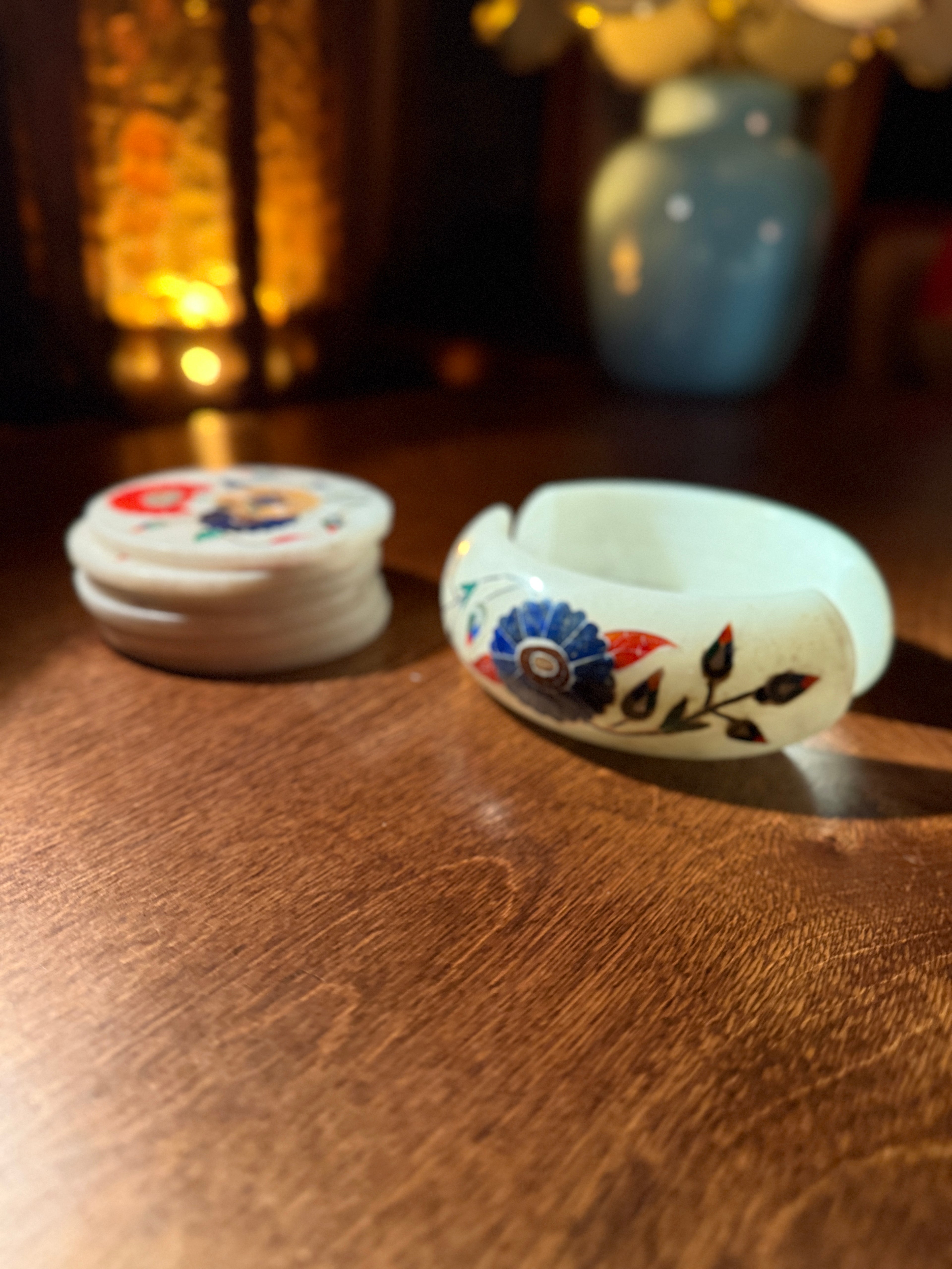 Italian Pietra Dura Marble Coaster Set with Floral Inlay, Mid-20th Century