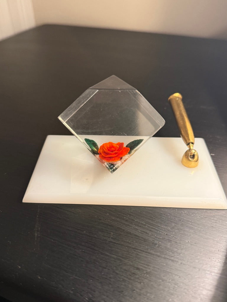 c. 1960s Lucite Rose Desk Pen Holder