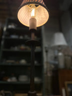 Vintage Cast Iron Candlestick Table Lamp, Checked Shade, c. 1950–1975