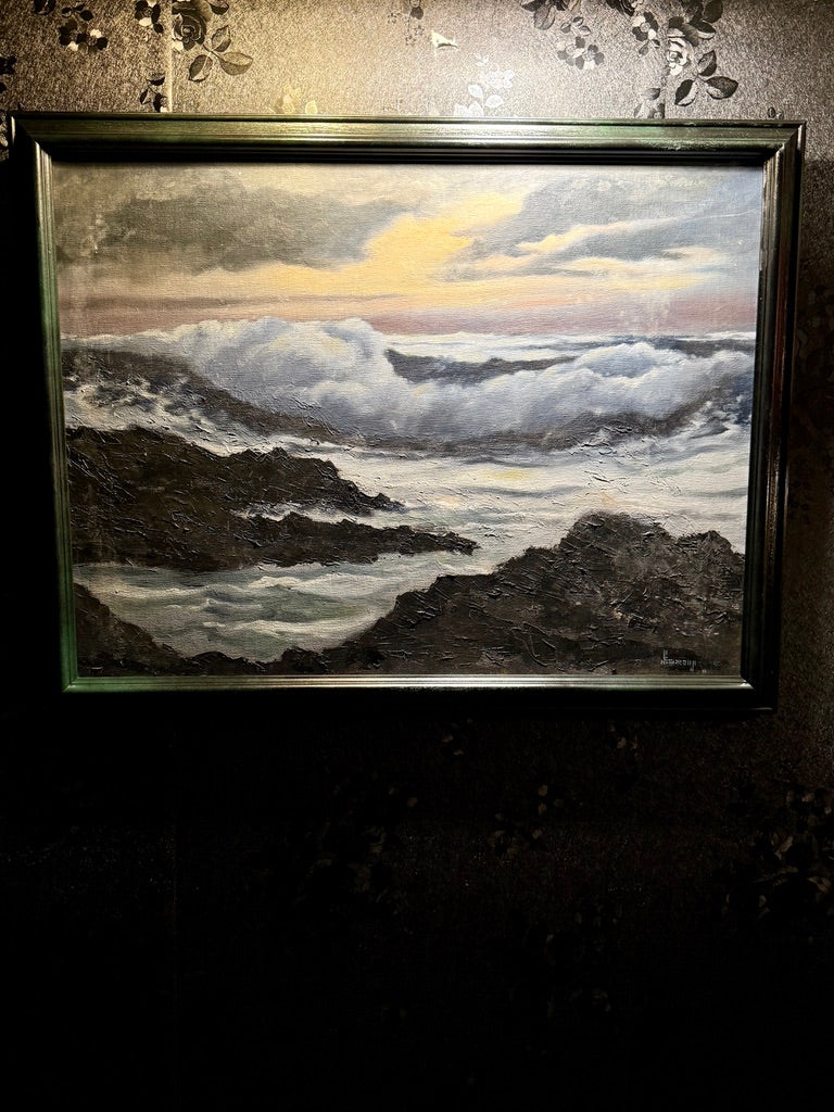 Signed Simmons Coastal Seascape Oil Painting (20th Century) – Impasto Shoreline Scene