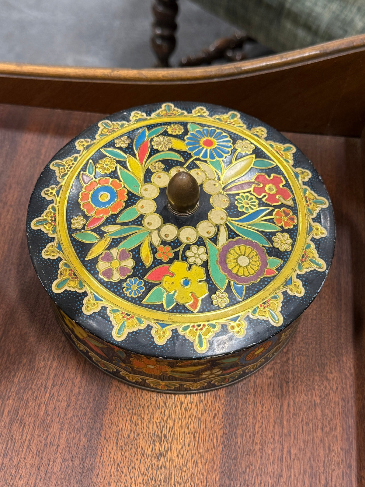 Lithographed Biscuit Tin in the Cloisonné Taste, Brass Acorn Finial, Made in England, c. 1935–1960
