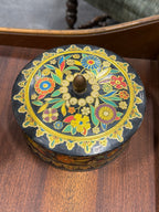 Lithographed Biscuit Tin in the Cloisonné Taste, Brass Acorn Finial, Made in England, c. 1935–1960