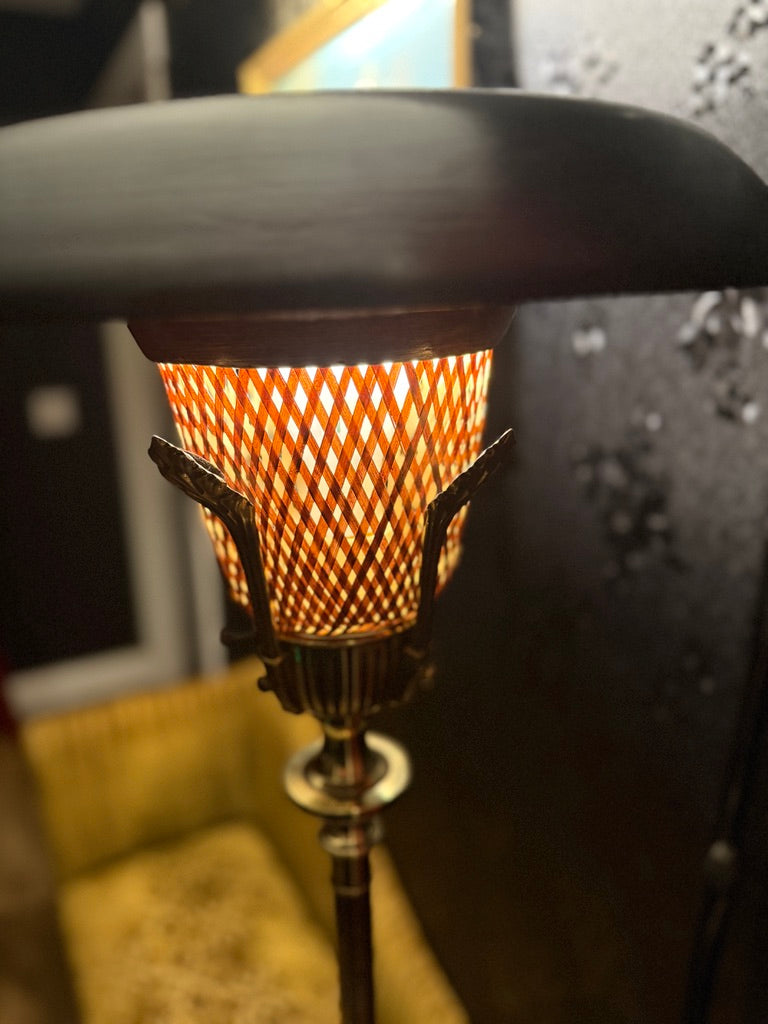 Art Deco Pull-Down Torchiere Floor Lamp – Brass & Amber Glass, c.1935-1950