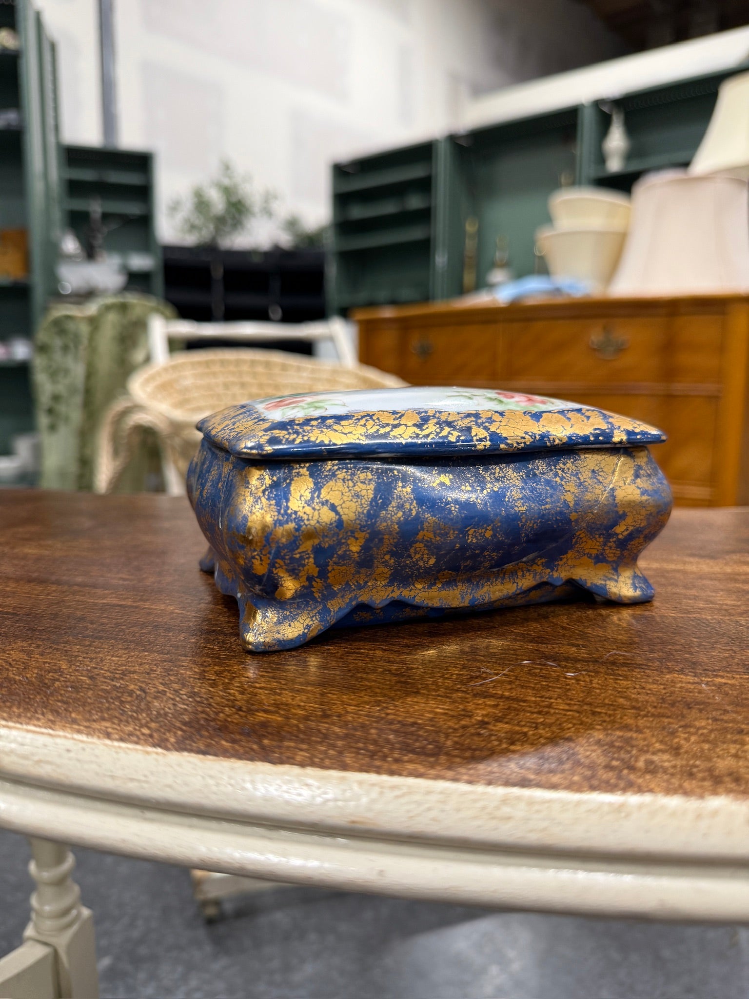 Artist-Signed Hand-Painted Porcelain Dresser Box with Cobalt Blue & Gold Finish