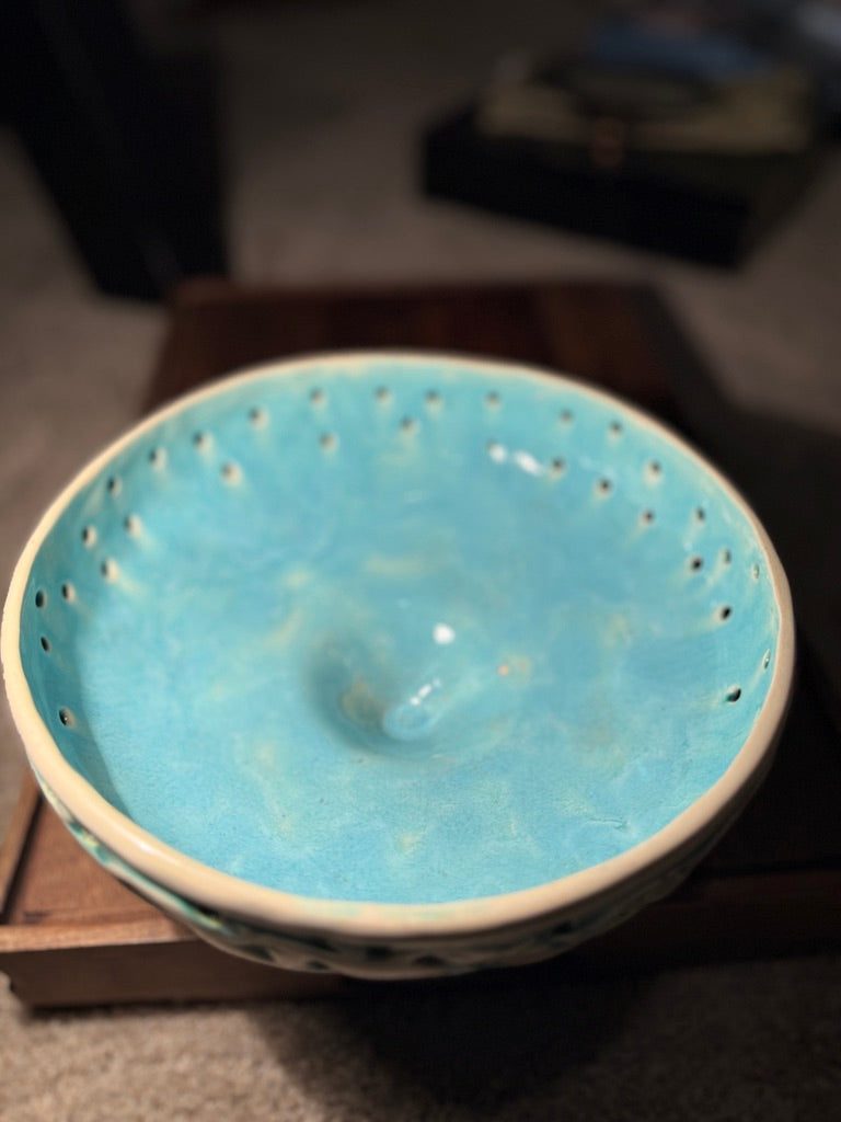 Turquoise Reticulated Footed Ceramic Bowl, c. 1950s–1960s