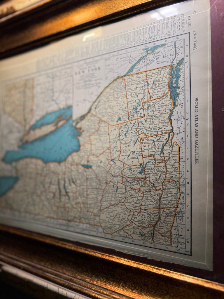 1939 New York State Map from Collier’s World Atlas in Ornate Gilt Frame