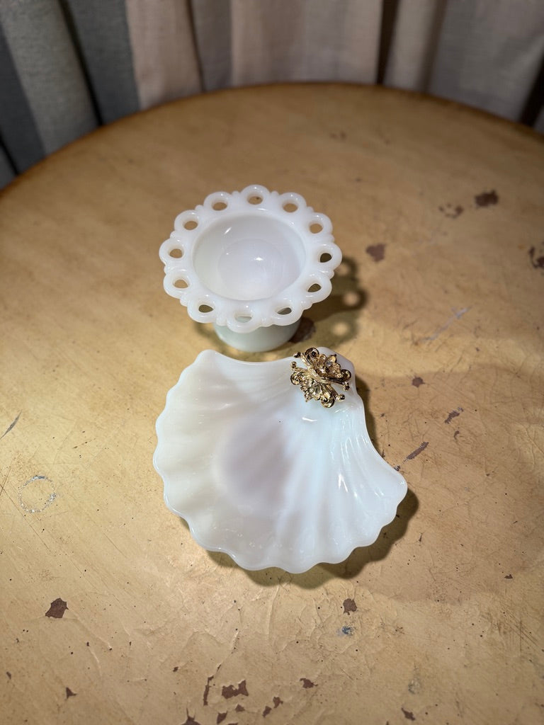 Vintage Milk Glass Pedestal Dish & Shell Tray Set (c. 1940s–1960s)