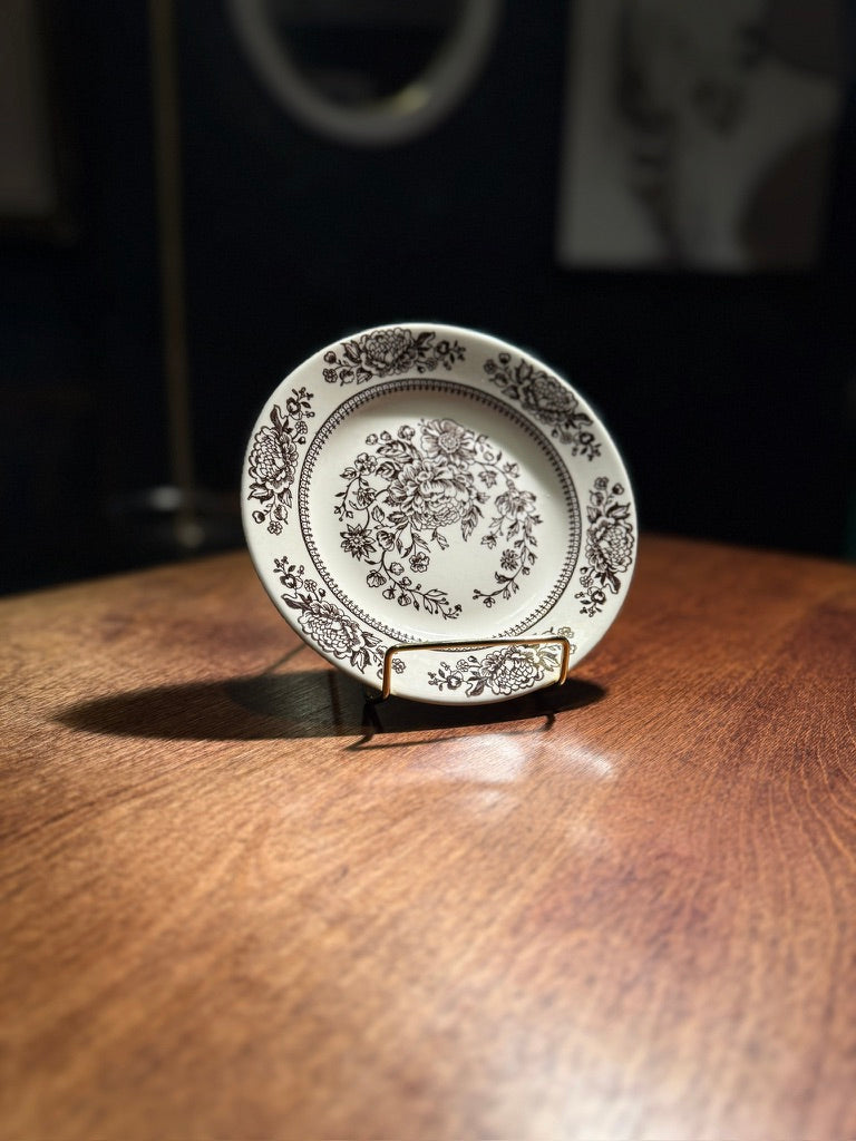 Mid-Century American Black Transferware Plate & Saucer Set | 1940s–50s USA Ironstone (3 Piece)