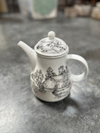 Hand-Painted Porcelain Coffee Pot, Teapot and Creamer with Grisaille Landscapes, Signed Claire and Dated C. Smith 1-84