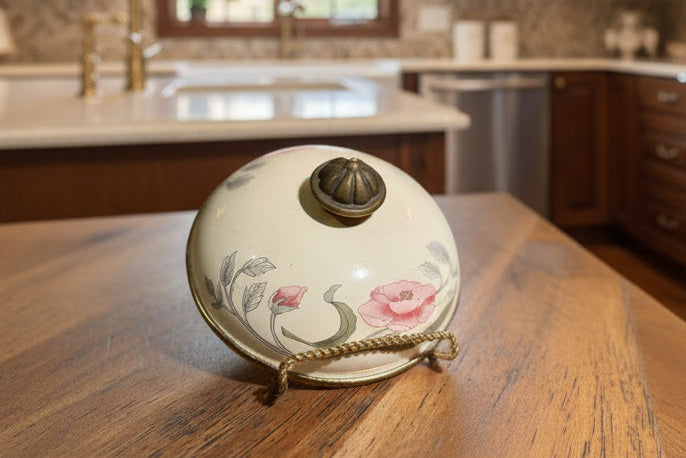 1920s Enamelware Powder Jar Top with Floral Motif and Chain