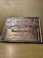 Budweiser Label Belt Buckle, Cast Brass-Finish with Anheuser-Busch Brewery List — Datable to 1972–1976 by the Cities on Its Face