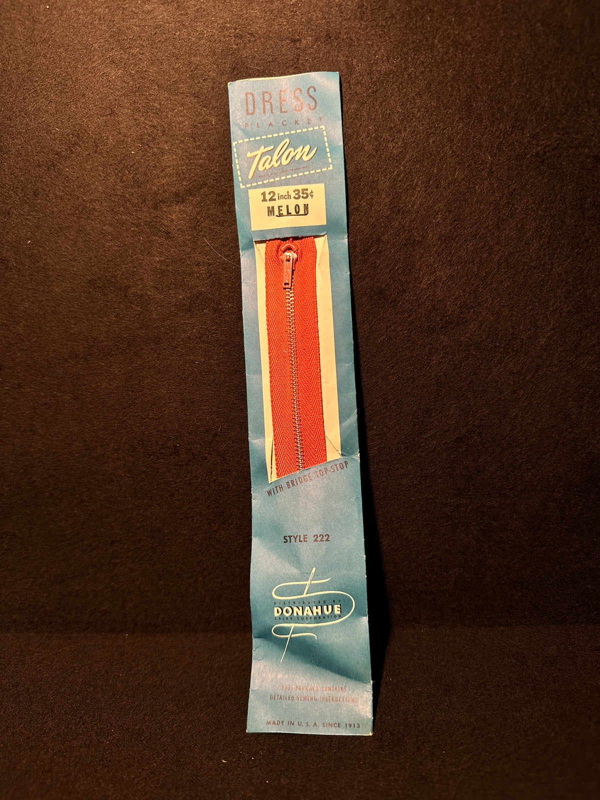 Vintage Talon Dress Placket Zipper in Melon, c. 1953