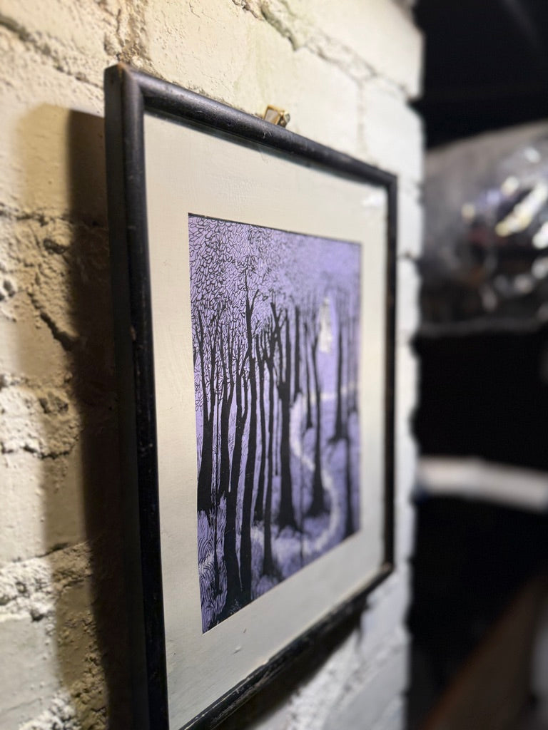 Vintage European Book Illustration – Forest Path & Hidden Cottage (c. 1930s–1950s)