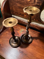Pair of 1940s Jacobean Revival Barley Twist Wood &amp; Brass Candlesticks