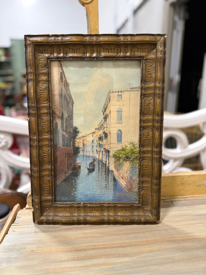 Antique Venetian Canal Watercolour, Signed, Gilt Frame, c. 1900–1925