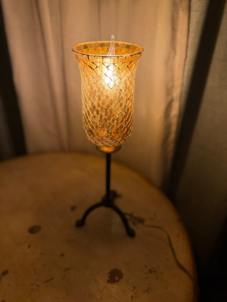 Art Nouveau Amber Mosaic Glass Tulip Lamp on Cast Iron Tripod Base (c.1900–1920)
