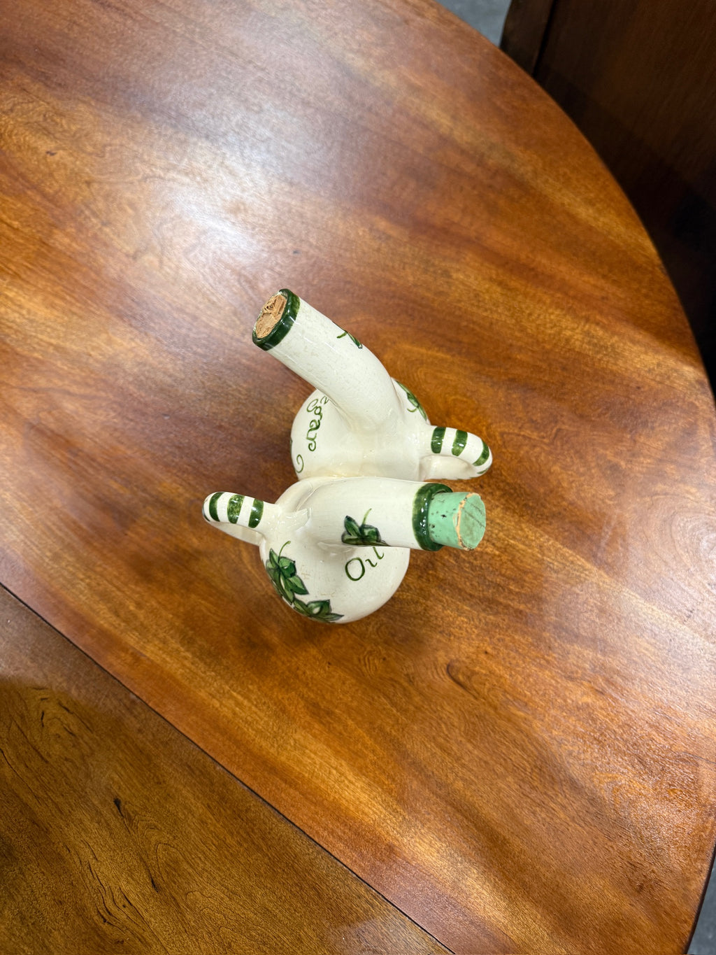 Vintage Mid Century Ceramic Oil and Vinegar Cruet with Hand-Painted Ivy c 1950s