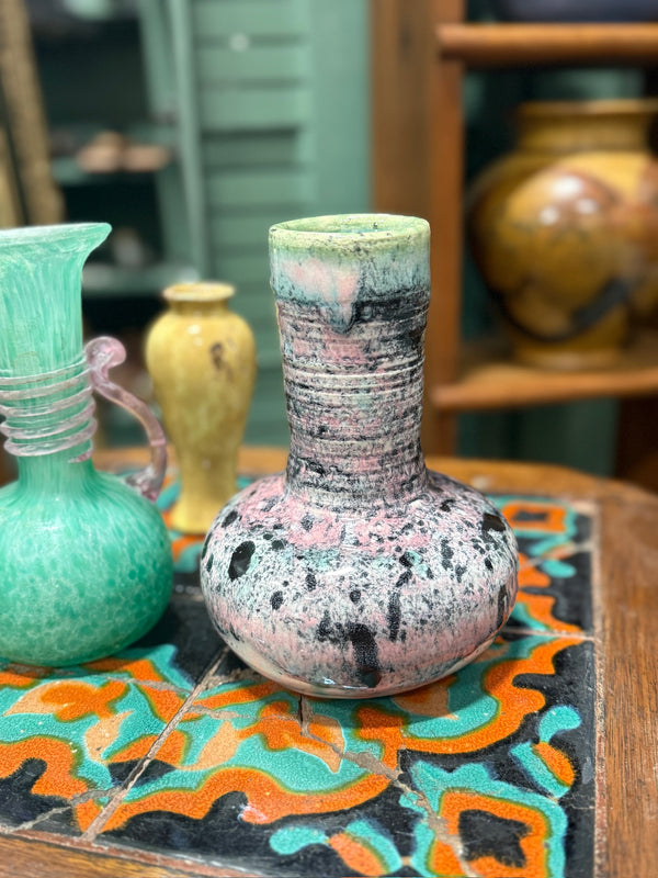 Hand-Thrown Studio Stoneware Bottle Vase, Variegated Pink and Mint Glaze with Black Splash, Brushed Artist's Mark to the Unglazed Foot, c. 1980–2000