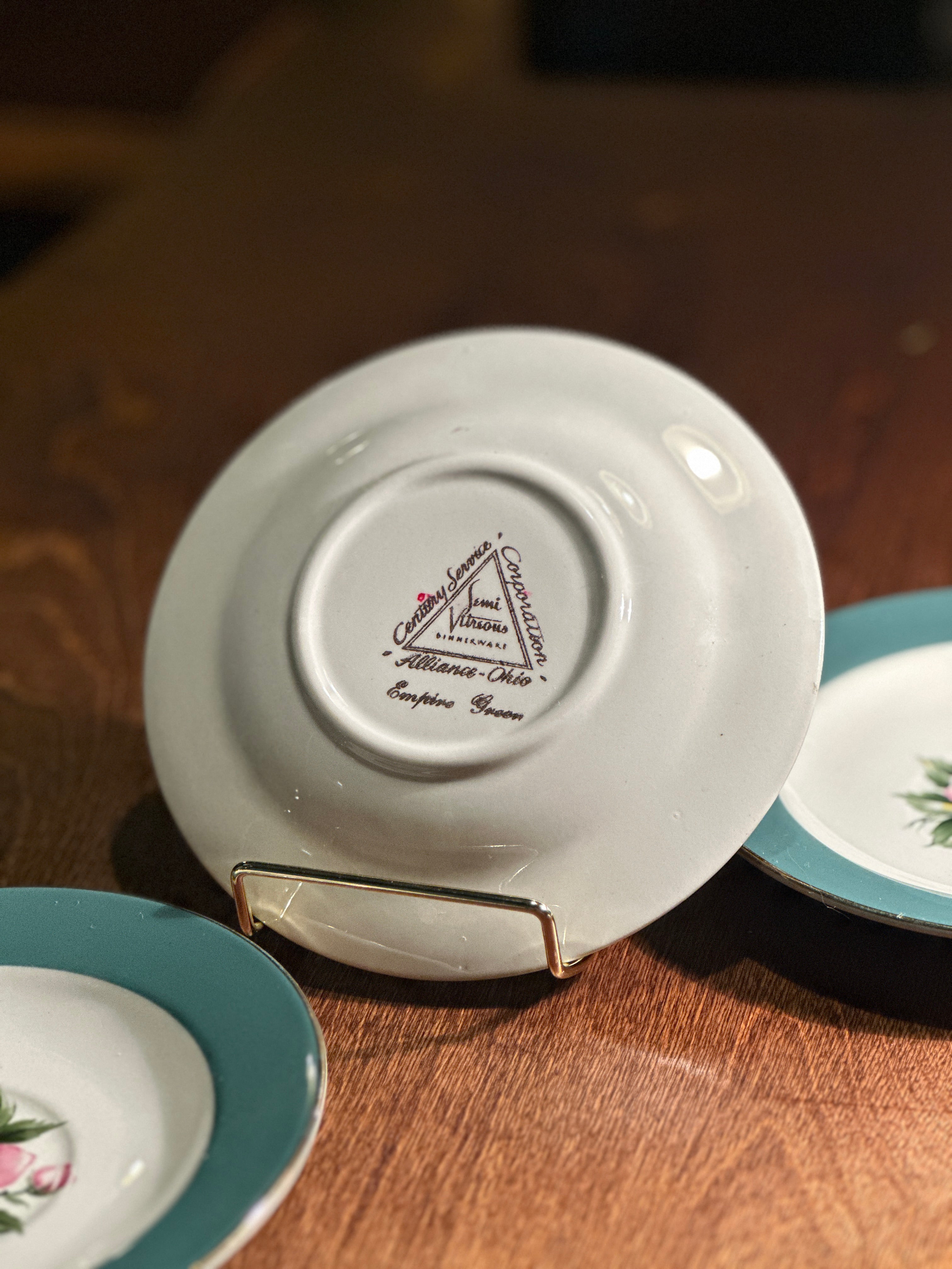 Set of 3 Vintage Century Service Vitreous China Plates in Empire Green, c. 1940s–1950s