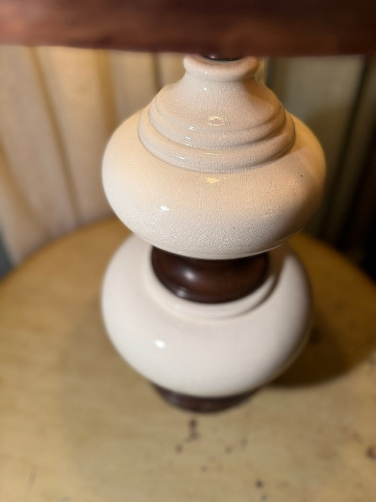 Early 20th Century Crackle Glaze Ceramic Lamp Base (c.1920–1940) with Hand-Woven Bamboo Lattice Shade