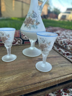 Frosted White Glass Ewer with two Matching Cordial Goblets