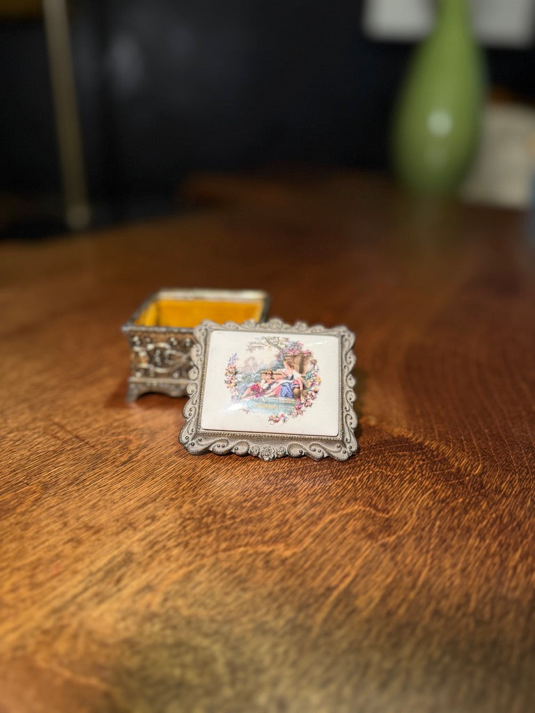 Antique Music Box with Hand-Painted Porcelain Lid and Ornate Metalwork, c. 1890–1915