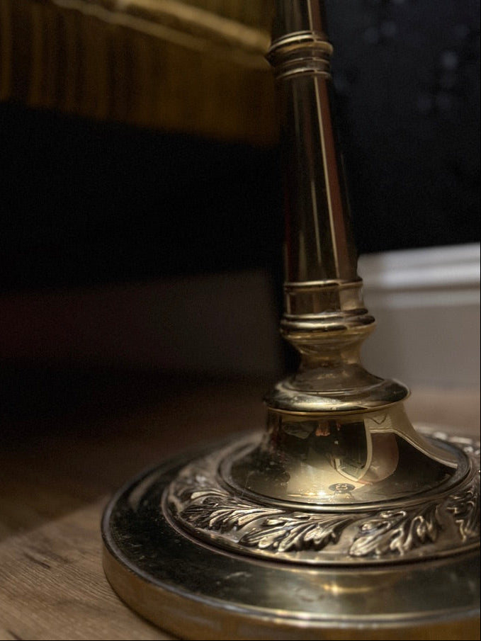 Art Deco Pull-Down Torchiere Floor Lamp – Brass & Amber Glass, c.1935-1950