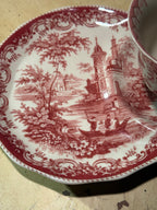 Antique Staffordshire Red Transferware Teacup & Shaped Saucer c. 1890–1910